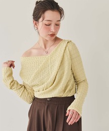 オフショルダー長袖Tシャツ 黄色 セール】【洗える】ドレープオフショルダーロングTシャツ（T