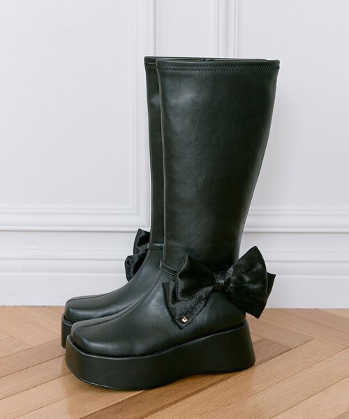 OLIVE des OLIVE（オリーブデオリーブ）の「【Belle Charme】リボン付きスクエアロングブーツ（ブーツ・レディース・ブラック/ブラウン・SMALL/MEDIUM/LARGE）」の6枚目の写真