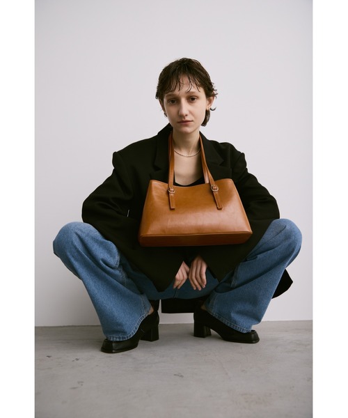 ヴィンテージライクダブルハンドルバッグ /フェイクレザースクエア