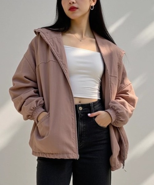 cammie（キャミー）の「ジップアップブルゾン（ノーカラージャケット・レディース・ブルー/ホワイト/ピンク/アイボリー・M/S）」の10枚目の写真