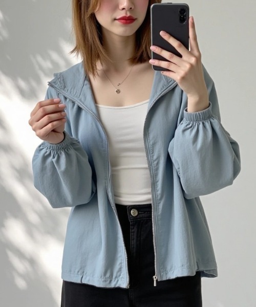 cammie（キャミー）の「ジップアップブルゾン（ノーカラージャケット・レディース・ブルー/ホワイト/ピンク/アイボリー・M/S）」の8枚目の写真