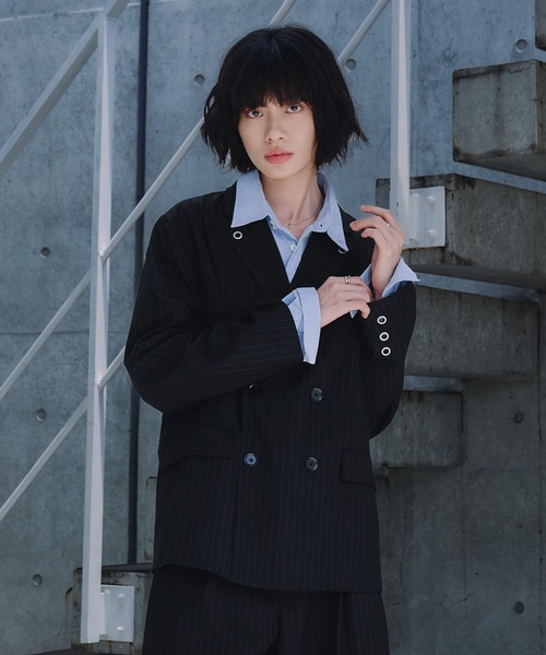 a*s様 （完売商品）ハトメデザインストライプテーラードジャケット　ブラック セットアップ対応】 Eyelet-Detail Striped Tailored Jacket