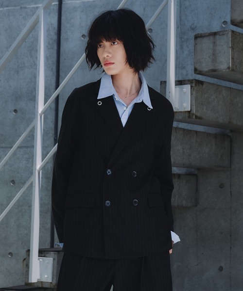 a*s様 （完売商品）ハトメデザインストライプテーラードジャケット　ブラック セットアップ対応】 Eyelet-Detail Striped Tailored Jacket