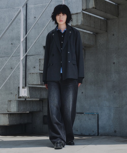 a*s様 （完売商品）ハトメデザインストライプテーラードジャケット　ブラック セットアップ対応】 Eyelet-Detail Striped Tailored Jacket