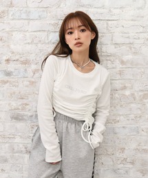 ラインストーンロゴ　ドロストクルーネックトップス