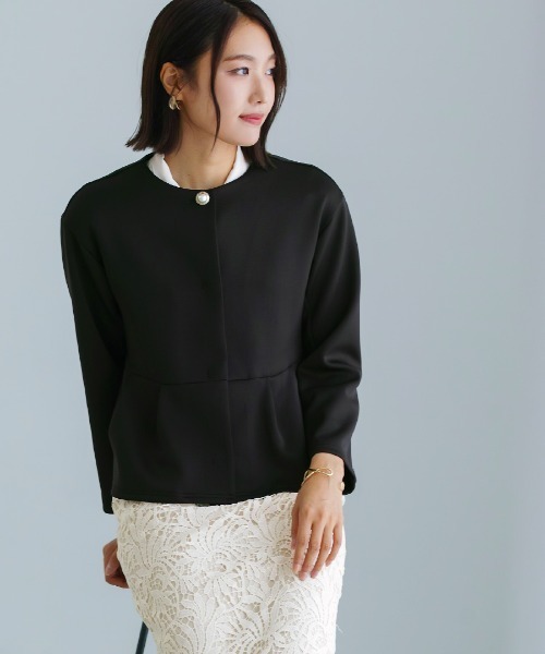 Emilyan(エミリアン)の「無敵のジャケット【洗える・UV CUT・ストレッチ・軽量・接触冷感】ハイストレッチダンボールニット・デザインボタン付ノーカラージャケット(ノーカラージャケット・レディース・ネイビー/ブラック/ライトベージュ・L/S/M)」の15枚目の写真