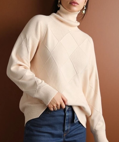 cammie（キャミー）の「スクエアー柄編みハイネックニット（ニット/セーター・レディース・ブルー/イエロー/ホワイト/ブラック・M/L）」の5枚目の写真