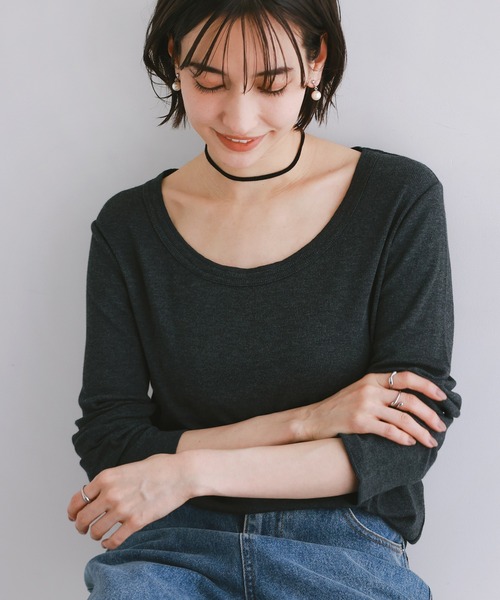 evernavy（エバーネイビー）の「テレコリブラウンドネックプルオーバー（Tシャツ/カットソー・レディース・グレー/チャコールグレー/ブラック/チョコ/ホワイト・M/L）」の3枚目の写真