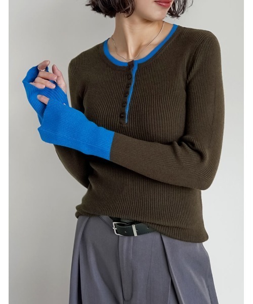 配色レイヤードライクヘンリーネックニットトップス（ニット/セーター