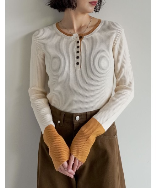 セール】配色レイヤードライクヘンリーネックニットトップス（ニット