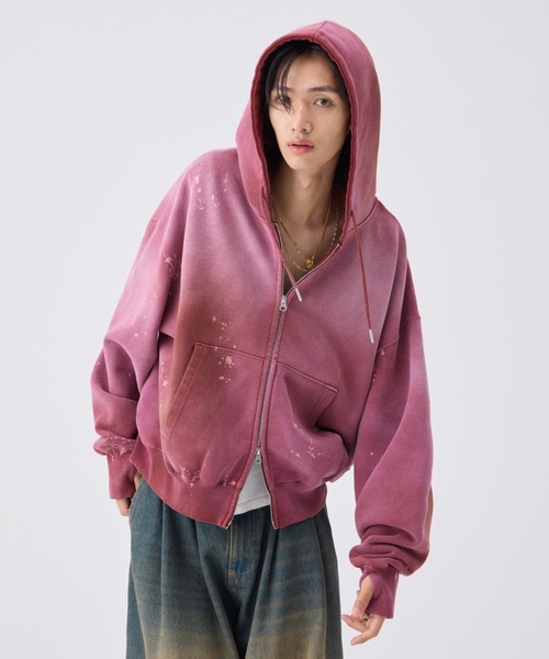 soerte（ソエルテ）の「Heavy weight double zip-up hoodie（decadent paint) /ヘビーウェイトダブルジップフーディー【短丈】（パーカー・メンズ・ブラック/ボルドー・1/3/2）」の14枚目の写真