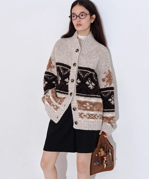 スタンドカラー ウール ジャガードニットカーディガン FQ25S265【Fano