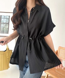軽やかなシアー素材で、きちんと感と抜け感を両立♪体系カバーも叶う♪シャツカラーウエストドロストチュニック