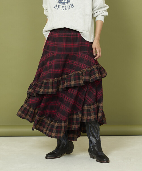 Freada（フリーダ）の「Freada/フリーダ ネルチェック アシメ フリルスカート（スカート・レディース・イエロー/レッド・ONE SIZE）」の2枚目の写真