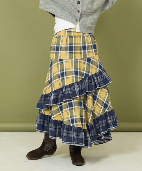 Freada（フリーダ）の「Freada/フリーダ ネルチェック アシメ フリルスカート（スカート・レディース・イエロー/レッド・ONE SIZE）」の7枚目の写真