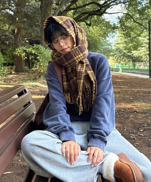 CIAOPANIC TYPY(チャオパニックティピー)の「【UNISEX】チェック柄フリンジマフラー(マフラー・レディース・ブルー/イエロー/オレンジ/ミント・ONE SIZE)」の6枚目の写真