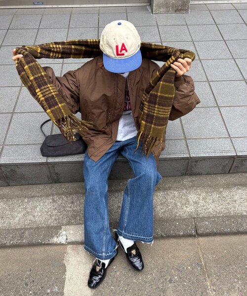 CIAOPANIC TYPY(チャオパニックティピー)の「【UNISEX】チェック柄フリンジマフラー(マフラー・レディース・ブルー/イエロー/オレンジ/ミント・ONE SIZE)」の7枚目の写真