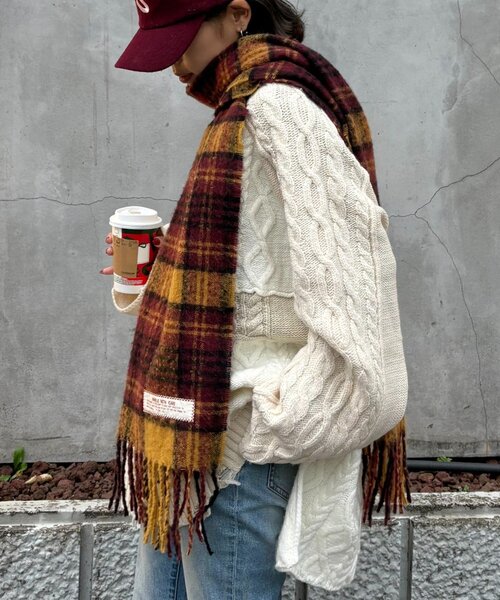 セール】【UNISEX】チェック柄フリンジマフラー（マフラー
