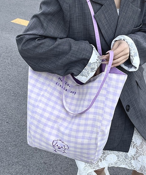 c.u.l（シーユーエル）の「リバーシブル A4サイズ可 大容量 ギンガムチェック ショルダー トートバッグ cula1348（トートバッグ・レディース・グリーン/パープル・FREE）」の7枚目の写真