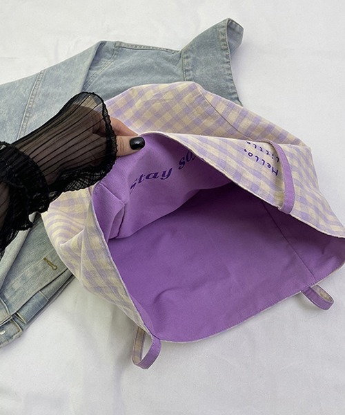 c.u.l（シーユーエル）の「リバーシブル A4サイズ可 大容量 ギンガムチェック ショルダー トートバッグ cula1348（トートバッグ・レディース・グリーン/パープル・FREE）」の12枚目の写真