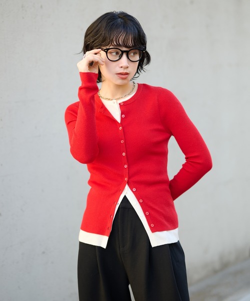LAULEN(ローレン)の「bicolor layered knit cardigan /配色レイヤード長袖ニットカーディガン(カーディガン/ボレロ・レディース・ベージュ/ブラック/チャコールグレー/レッド・FREE)」の1枚目の写真