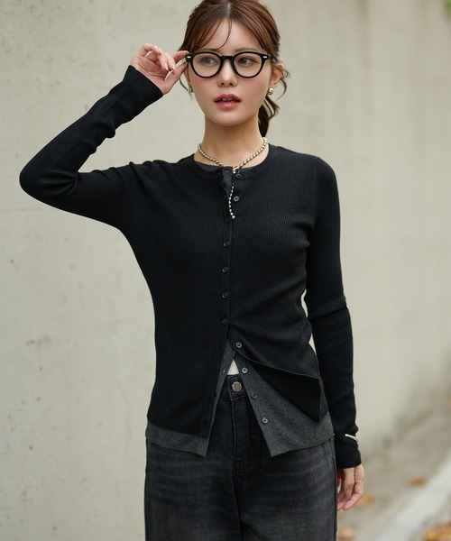 bicolor layered knit cardigan /配色レイヤード長袖ニット
