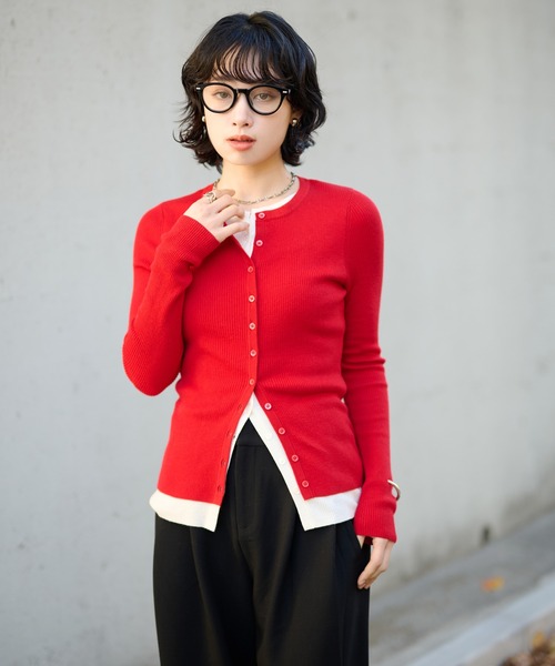LAULEN(ローレン)の「bicolor layered knit cardigan /配色レイヤード長袖ニットカーディガン(カーディガン/ボレロ・レディース・ベージュ/ブラック/チャコールグレー/レッド・FREE)」の5枚目の写真