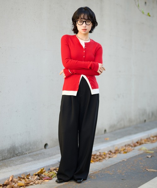 LAULEN(ローレン)の「bicolor layered knit cardigan /配色レイヤード長袖ニットカーディガン(カーディガン/ボレロ・レディース・ベージュ/ブラック/チャコールグレー/レッド・FREE)」の8枚目の写真