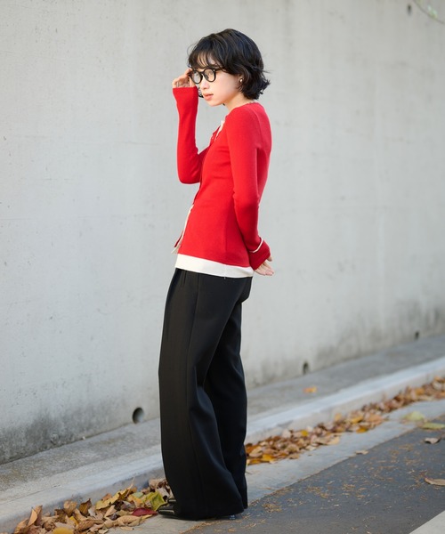 LAULEN(ローレン)の「bicolor layered knit cardigan /配色レイヤード長袖ニットカーディガン(カーディガン/ボレロ・レディース・ベージュ/ブラック/チャコールグレー/レッド・FREE)」の9枚目の写真
