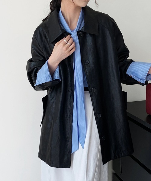 Miniministore(ミニミニストア)の「エコレザーロングジャケット韓国風アウター(テーラードジャケット・レディース・ブラック/ブラウン・FREE)」の8枚目の写真