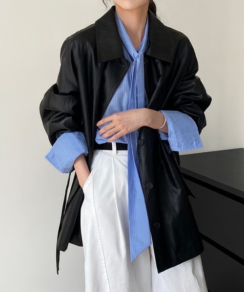 Miniministore(ミニミニストア)の「エコレザーロングジャケット韓国風アウター(テーラードジャケット・レディース・ブラック/ブラウン・FREE)」の10枚目の写真