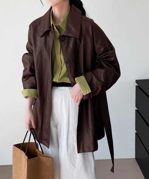 Miniministore(ミニミニストア)の「エコレザーロングジャケット韓国風アウター(テーラードジャケット・レディース・ブラック/ブラウン・FREE)」の13枚目の写真
