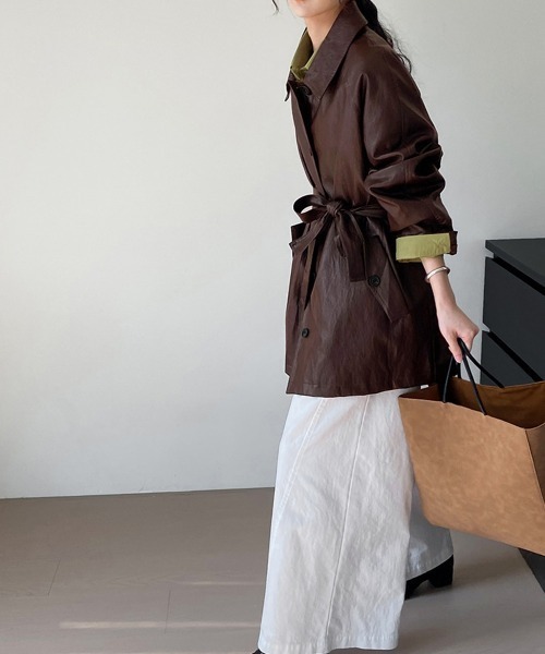 Miniministore(ミニミニストア)の「エコレザーロングジャケット韓国風アウター(テーラードジャケット・レディース・ブラック/ブラウン・FREE)」の15枚目の写真