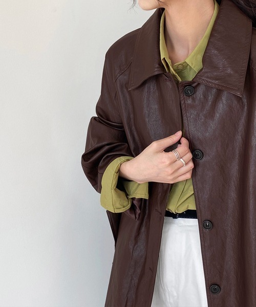 Miniministore(ミニミニストア)の「エコレザーロングジャケット韓国風アウター(テーラードジャケット・レディース・ブラック/ブラウン・FREE)」の16枚目の写真