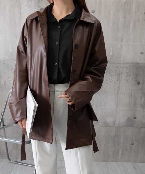 Miniministore(ミニミニストア)の「エコレザーロングジャケット韓国風アウター(テーラードジャケット・レディース・ブラック/ブラウン・FREE)」の22枚目の写真