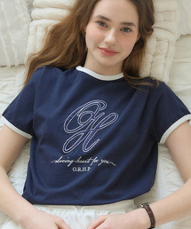 ロゴ刺繍リンガーTシャツ - ネイビー