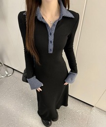 ポロ衿ロングワンピースハーフボタンワンピ