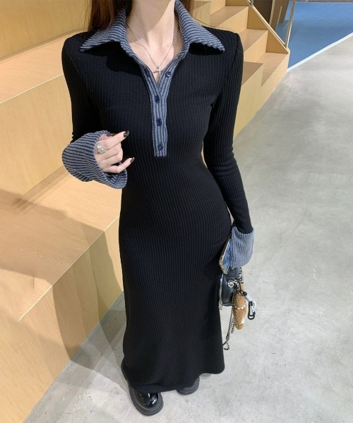 Miniministore(ミニミニストア)の「ポロ衿ロングワンピースハーフボタンワンピ(ワンピース・レディース・ブラック・L/M)」の2枚目の写真
