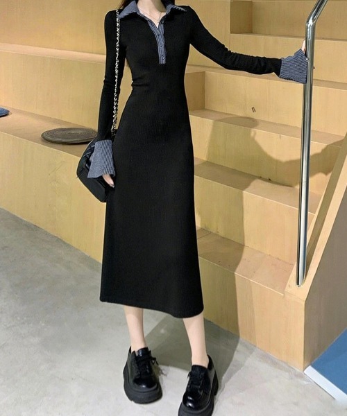 Miniministore(ミニミニストア)の「ポロ衿ロングワンピースハーフボタンワンピ(ワンピース・レディース・ブラック・L/M)」の3枚目の写真