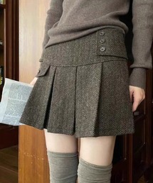 JK ウールライク リンボーン厚手タックミニプリーツスカート （インパン付）［秋冬の韓国ファッション ガーリー定番］