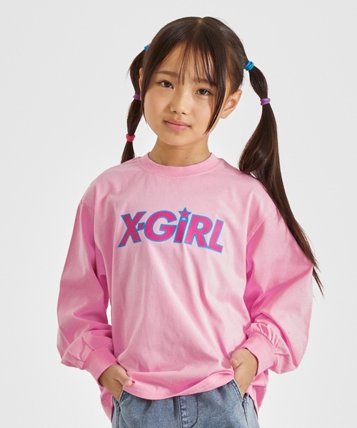 X-girl Stages(エックスガールステージス)の「X-girlロゴ長袖Tシャツ(Tシャツ/カットソー・キッズ・ブルー/ピンク/ブラック・110cm/100cm/90cm/80cm/140cm/130cm/120cm)」の1枚目の写真