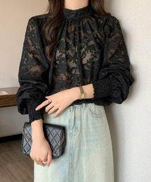 SEU | ジャガードフラワーバルーンスリーブブラウス 長袖 秋服 オフィスカジュアル きれいめカジュアル レディース韓国(シャツ/ブラウス)
