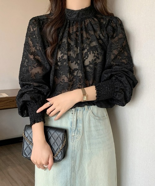 SEU(エスイーユー)の「ジャガードフラワーバルーンスリーブブラウス 長袖 秋服 オフィスカジュアル きれいめカジュアル レディース韓国(シャツ/ブラウス・レディース・ベージュ/ピンク/ブラック/ブルー/グレー・フリー)」の1枚目の写真