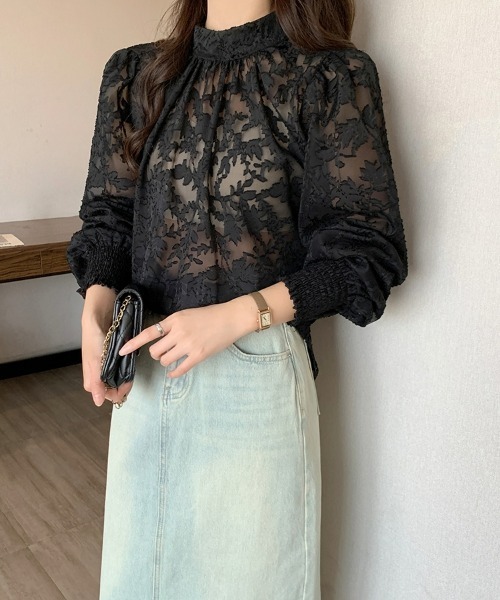 SEU(エスイーユー)の「ジャガードフラワーバルーンスリーブブラウス 長袖 秋服 オフィスカジュアル きれいめカジュアル レディース韓国(シャツ/ブラウス・レディース・ベージュ/ピンク/ブラック/ブルー/グレー・フリー)」の10枚目の写真