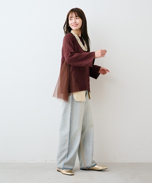 mensha!(メンシャ)の「mensha! ガーゼとチュールのサイドフレアートップス(その他トップス・レディース・ボルドー/ネイビー/ブラック・L/M/3L/LL)」の12枚目の写真