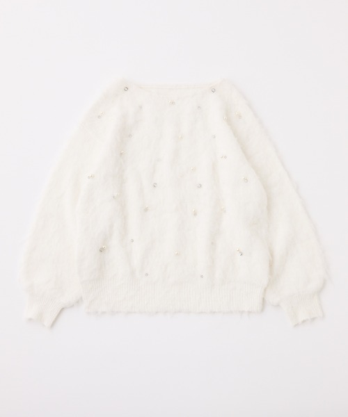 ご購入様決定【美品✧Anne Basket】シャギーニットセーター純白キラキラビジュー伸縮性 セール】【再入荷】ビジューシャギーニット（ニット/セーター）｜one