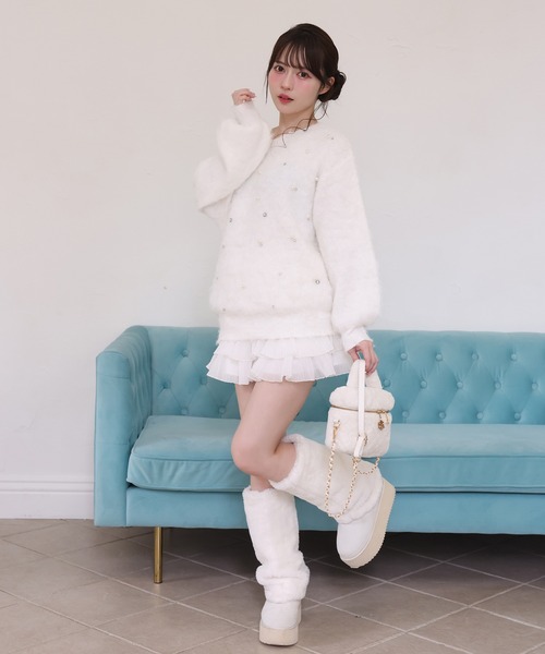 ご購入様決定【美品✧Anne Basket】シャギーニットセーター純白キラキラビジュー伸縮性 セール】【再入荷】ビジューシャギーニット（ニット/セーター）｜one