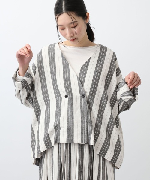 studio CLIP（スタディオクリップ）の「《natural by clip》RLストライプジャケット（ノーカラージャケット・レディース・イエロー/ブラック・FREE）」の5枚目の写真