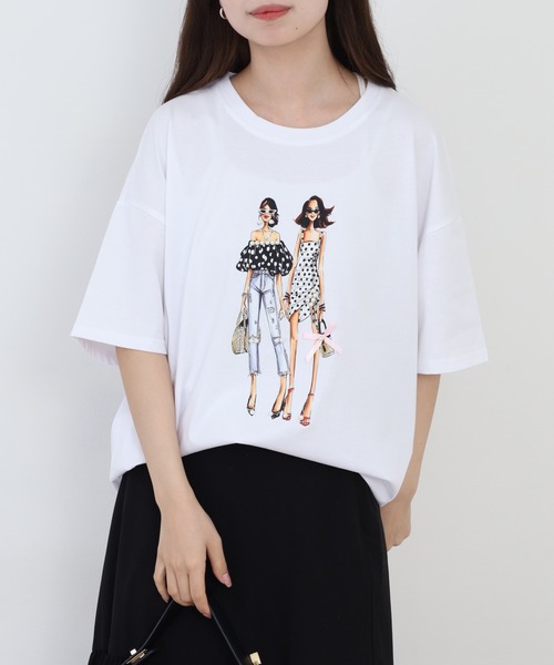 Anna Nicola(アンナニコラ)の「Anna Nicola ガールプリント半袖Tシャツ(Tシャツ/カットソー・レディース・ブラック/オフホワイト/ライム・38)」の2枚目の写真