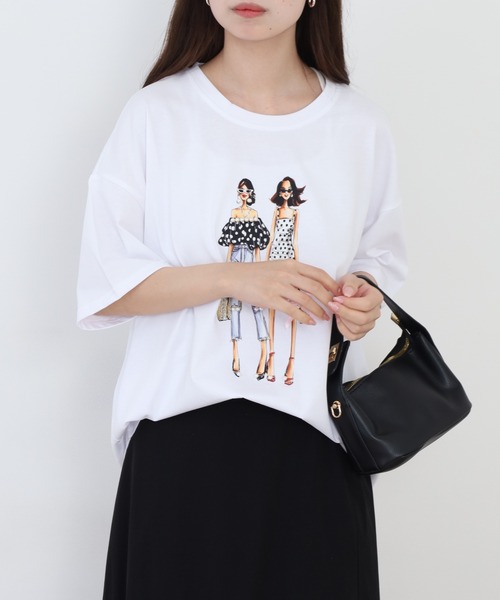 Anna Nicola(アンナニコラ)の「Anna Nicola ガールプリント半袖Tシャツ(Tシャツ/カットソー・レディース・ブラック/オフホワイト/ライム・38)」の4枚目の写真